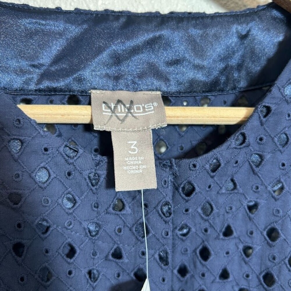 NEW Chico's Eyelet Jacket 3 US XL Navy Blue 100% Cotton Button Up Long Cinch NWT - Picture 10 of 11